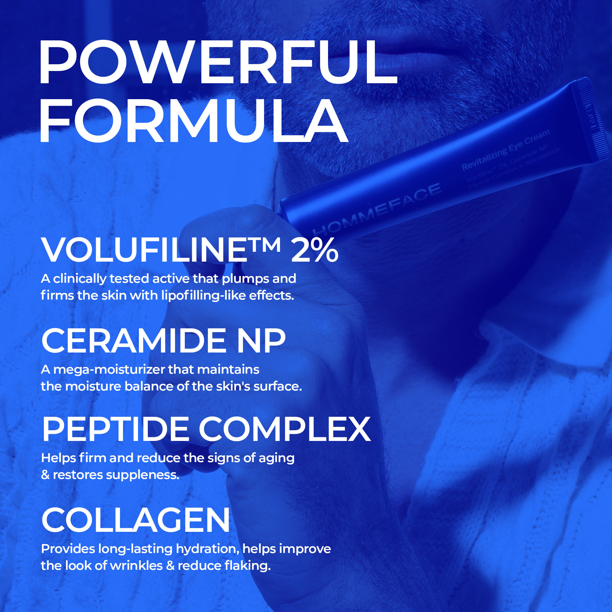 HOMMEFACE Men's Anti-Wrinkle Revitalizing Eye Cream for Puffiness and Dark Circles with Volufiline 2%, Ceramide and Collagen, 1.05 oz