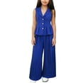 thumbnail image 2 of Girls Summer Clothing Set Single Breasted Sleeveless Lapel Waisted Blazer Vest with Pleated Wide Leg Pants 2 Piece Outfits Blue 7-8Years, 2 of 9