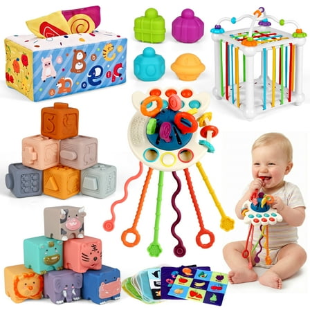 Flooyes 6-IN-1 Montessori Toys, Soft Rubber Set Play and Learn Early Box Toys For Kids Boys Girls 6 Months 