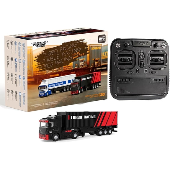 Turbo Racing 1:76 Scale RC Semi Truck with Drag Plate & Cargo Container, 2.4G 3CH 4WD Electric RC Tractor with LED Light, Desktop Tractor Model for Hobbyist - RTR