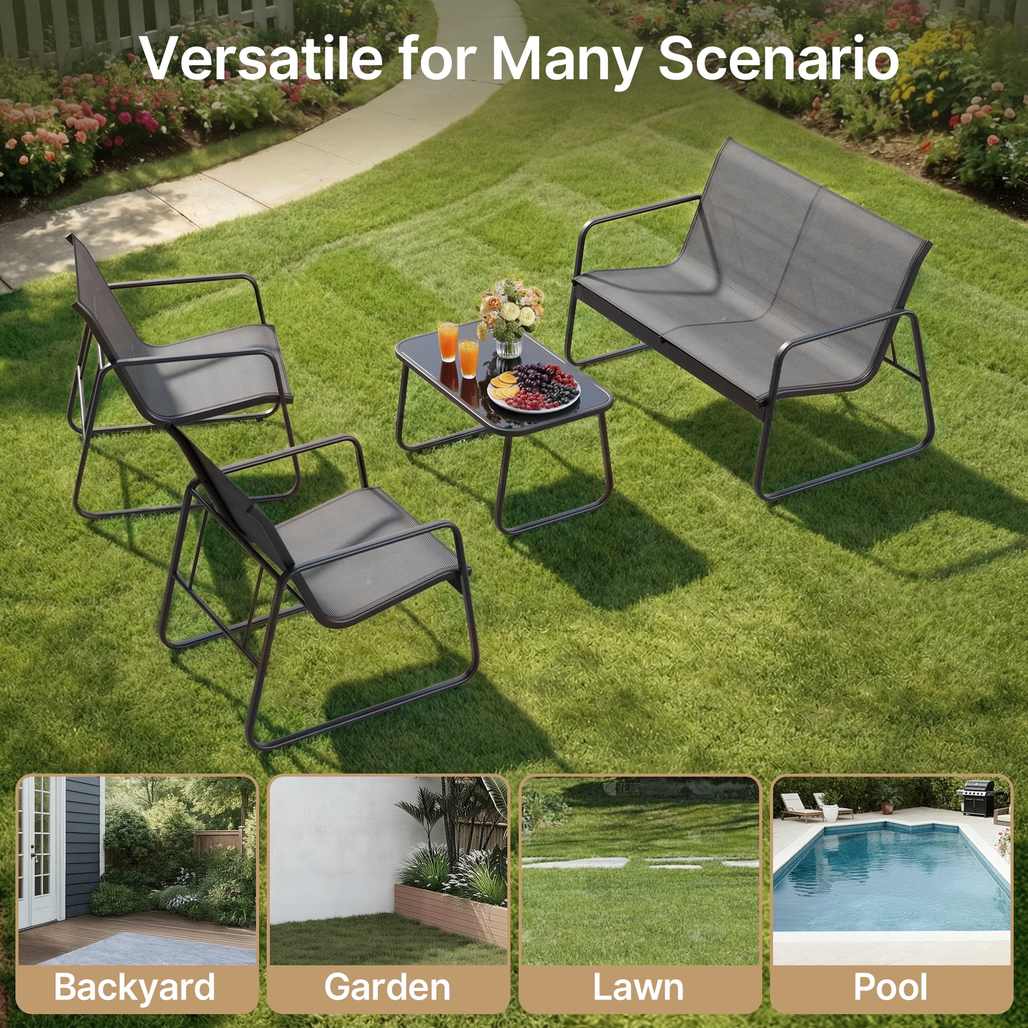 All-Weather Handwoven Steel 4-Piece Rocking Patio Set Including Chairs and Coffee Table for Outdoor Leisure Space Grey