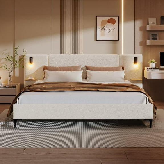 Chic Linen Upholstered Bed with Integrated Lights and Shelves, Grey, Queen