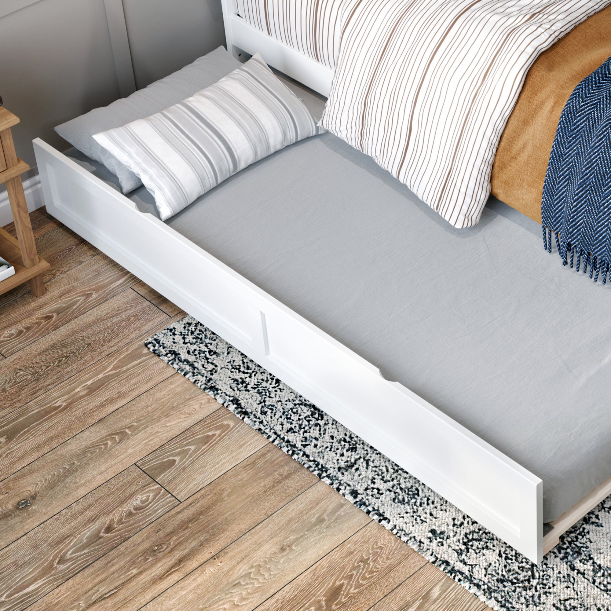 AFI Twin-XL Roll Out Wood Trundle Bed Frame with Wooden Slat Supports, White