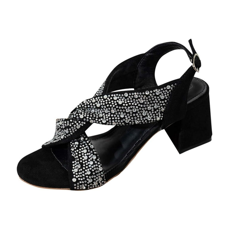 Women's Crystal Chunky Block High Heels Elastic Slingback Open Toe