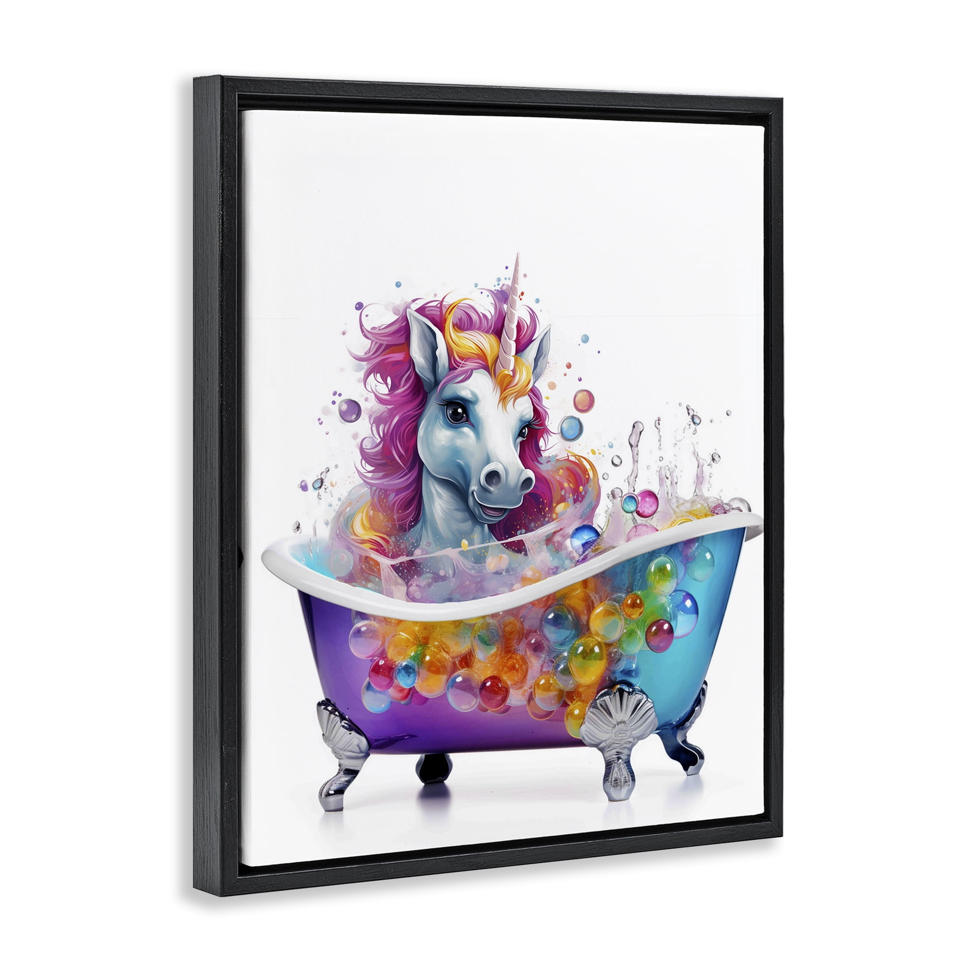 Stupell Industries Rainbow Bubbles Unicorn Typography Painting Black Floater Framed Canvas Art Print Wall Art, 25 x 31