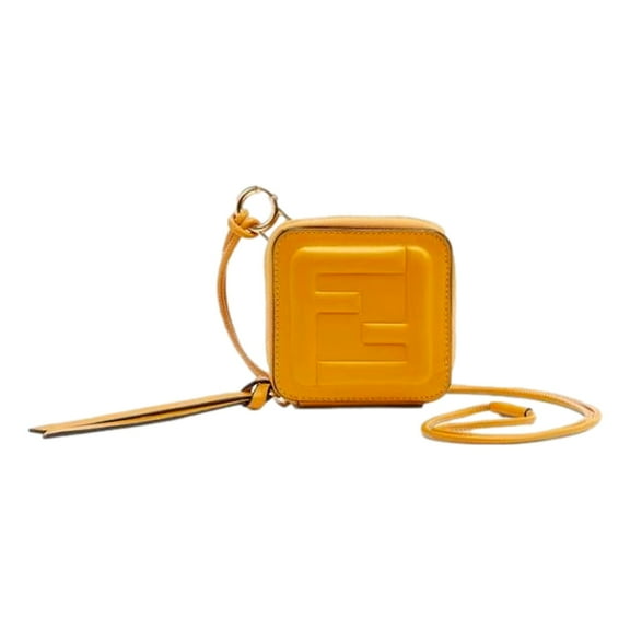 Fendi FF Cube Embossed Small Zip Wallet Yellow Leather with Strap NEW