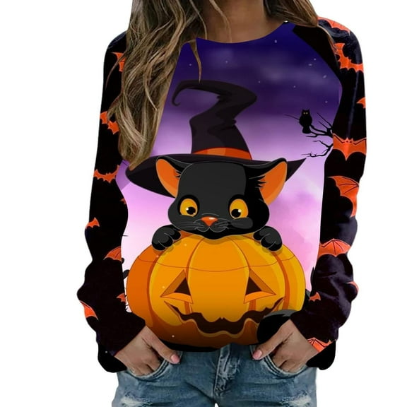 DQRPSEETB Going Out Tops Women Sweatshirt Halloween O Neck PrintingDailyCute Sweater Top Trendy Tops