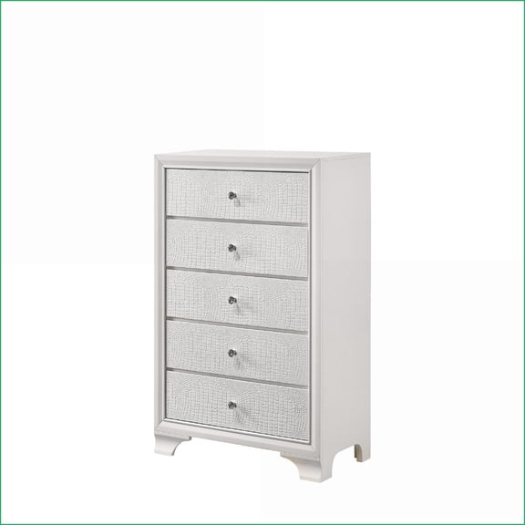 Chests & Wardrobes | Modern Glam White Frost 5-Drawer Wooden Chest | Embossed Crocodile | White | Solid Wood