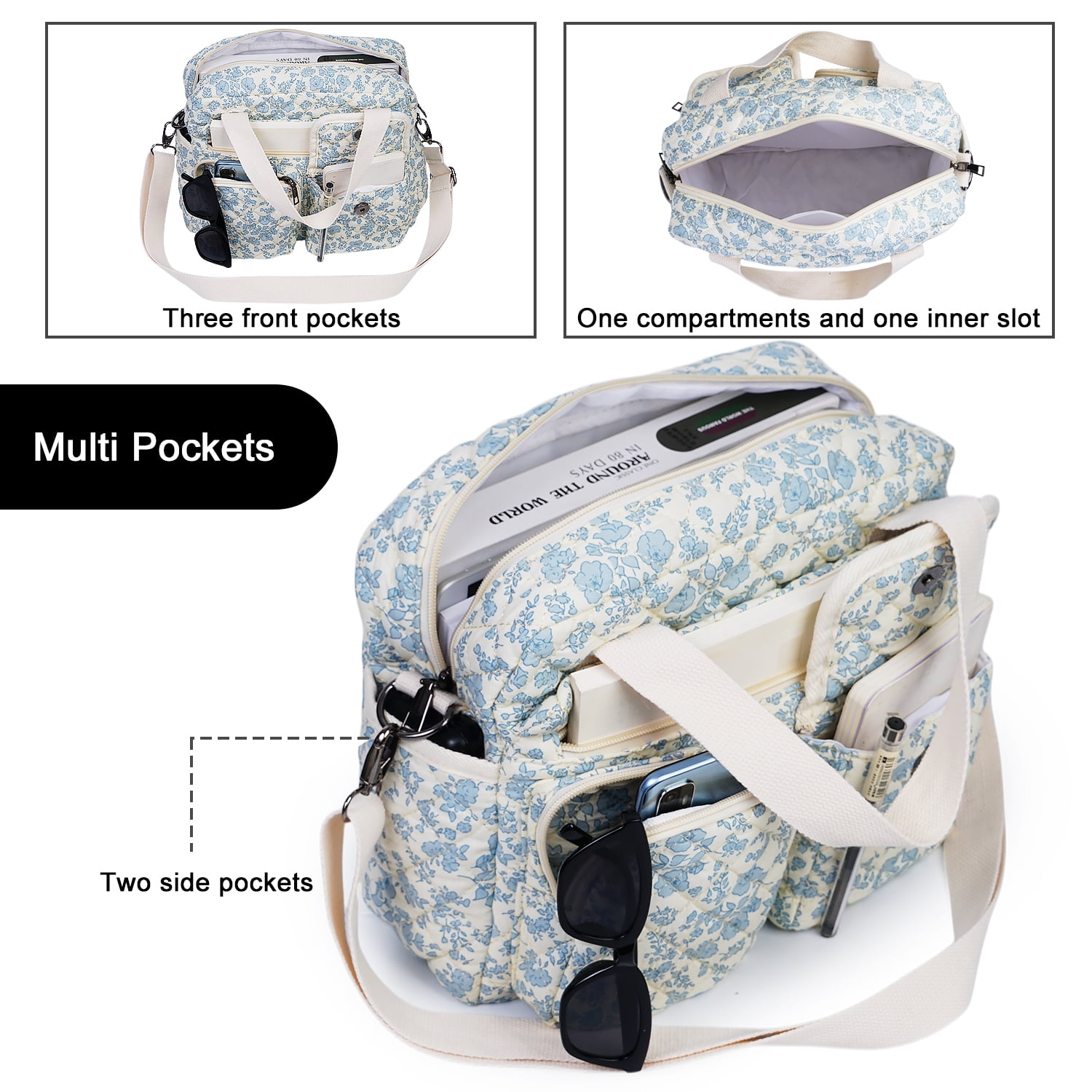 Small Floral Quilted Tote Bag 2-Pack for Women: Multi-Pocket Crossbody & Shoulder Bag for Everyday Use