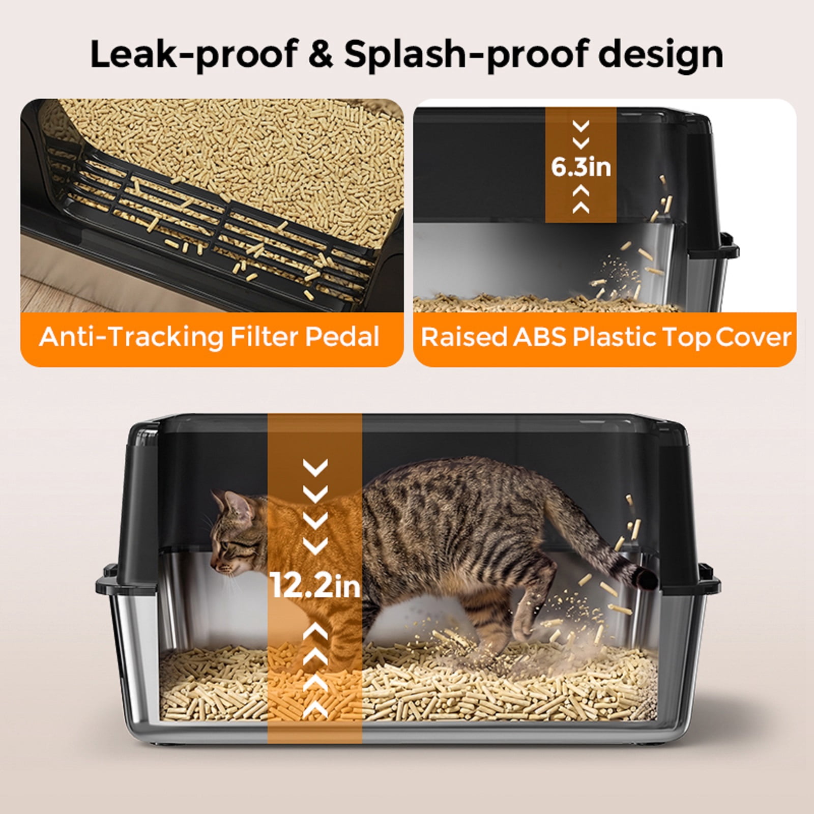 Stainless Steel Cat Litter Box with Lid, XL Extra Large Cat Litter Box for Big Cats, High Wall Sides, Never Absorbs Odors, Anti-Urine Leakage, Easy Cleaning, Scoop and Mat Included, Black