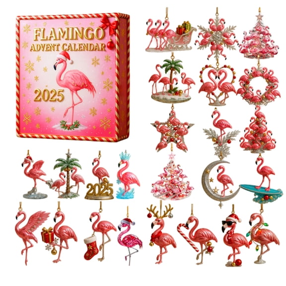 Yucurem 2025 Flamingo Advent Calendar, 24 Unique Christmas Acrylic Ornaments, Tropical Holiday Decorations, for Collectors, Gifts