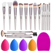 Makeup Brush 18Pcs Premium Synthetic Blending Foundation Blush Eyeshadow Concealers Face Powder Makeup Brushes Set 2 PCs Silicone Face Mask Brush&4 Blender Sponge&1 Brush Cleaner (Champagne Gold)