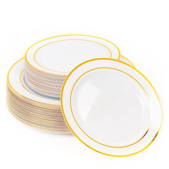 Matana 60 PC Reusable Gold Plastic Plates, 30 Dinner 10.25", 30 Dessert 7.5", Elegant for Parties