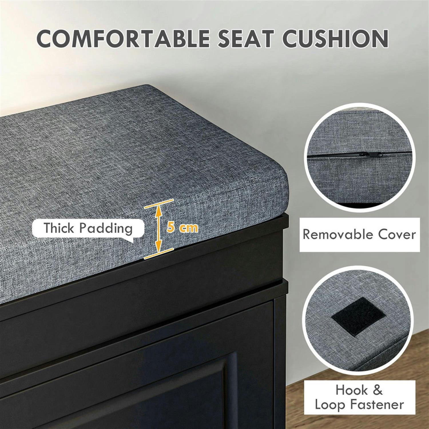 Demi Bonn 41" Modern Storage Bench with Cushion, Entryway Bench, 2 Drawer Ottoman, Large Capacity for 8 Pairs Shoes, Black