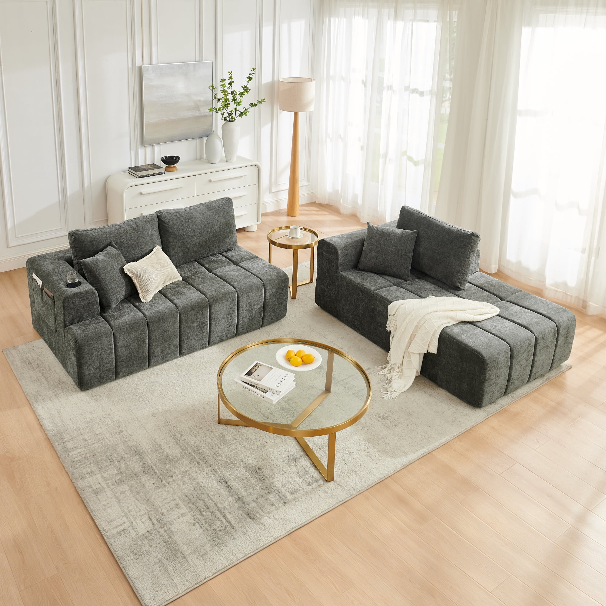 Leumius 108" L-Shaped Sectional Sofa,Chenille Boneless Couch, Modern 3-Seat Upholstered Cloud Couch Sectional with Deep Seat and Cup Holders for Living Room,No Assembly Required,Dark Gray