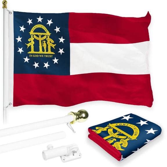 G128 Combo Pack: 6 Feet Tangle Free Spinning Flagpole (White) Georgia GA State Flag 3x5 ft Printed 150D Brass Grommets (Flag Included) Aluminum Flag Pole