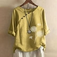 thumbnail image 2 of VALMASS Womens Cotton Linen Shirts Short Sleeve Button Round Neck Pullover Tops Casual Loose Printed Blouses (XL, A Yellow), 2 of 6