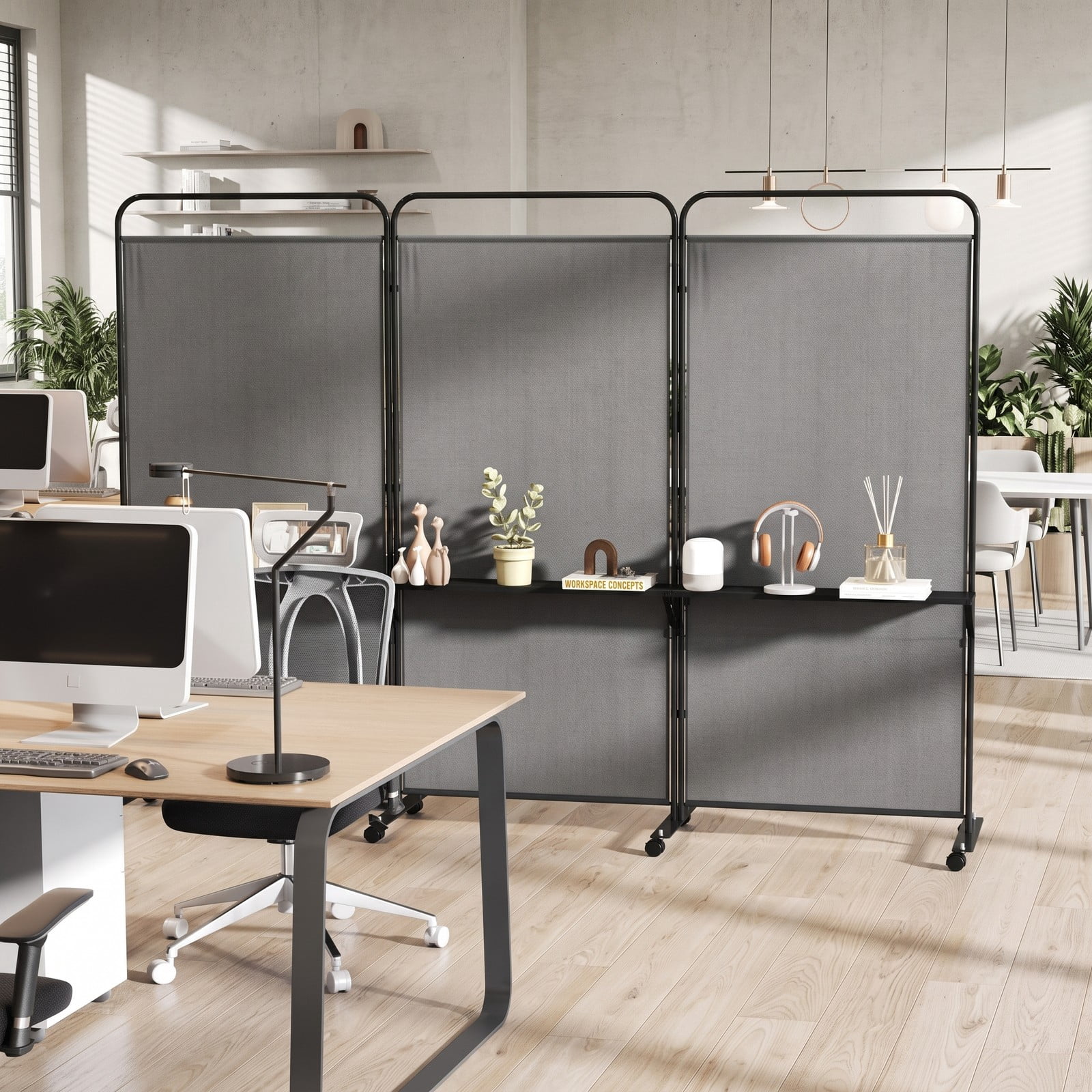 ALPULON 3-Panel Folding Room Divider Privacy Screen with 3 Metal Shelves and Lockable Wheels, Freestanding Partition Panel for Living Room Bedroom Office, Black