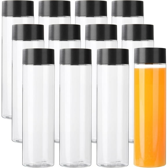 12 Pack 13.6 OZ (400 ml) Clear PET Plastic Juice Bottles with Black Lids - Plastic Smoothie Drink Bottles Milk Bottles For Water, Juice, Milk & Homemade Beverages