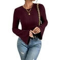 thumbnail image 4 of ZUKMRJPC Womens Long Bell Sleeve Shirts Solid Color Slim Fit Knitted Textured T-Shirts Trendy Going Out Fall Winter Fashion Outfits, 4 of 8
