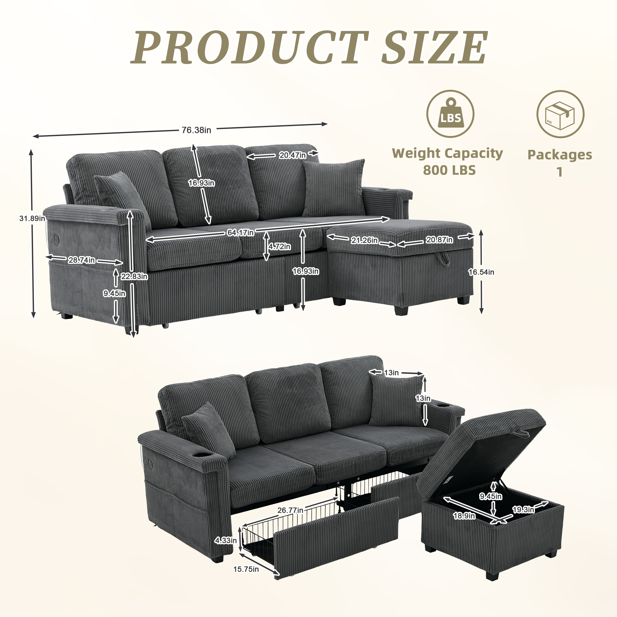 MOONMISS Corduroy Upholstered L-shaped Pull-Out Storage Sectional Sofa with Storage Ottoman,USB Charging,Cup Holder-Gray