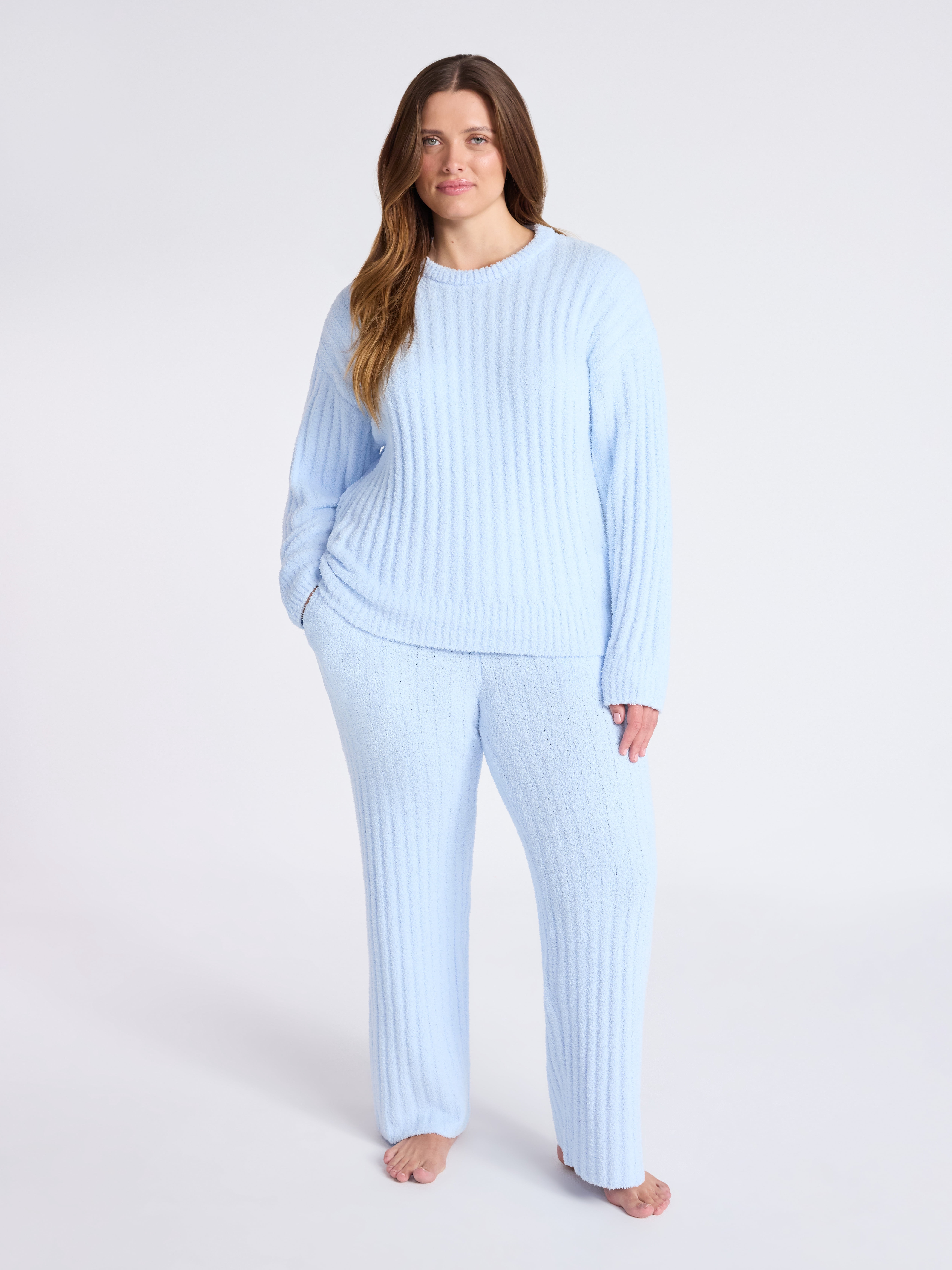 Joyspun Women's Cozy Ribbed Crewneck Top and Wide-Leg Pants Set, 2-Piece, Sizes XS-3X
