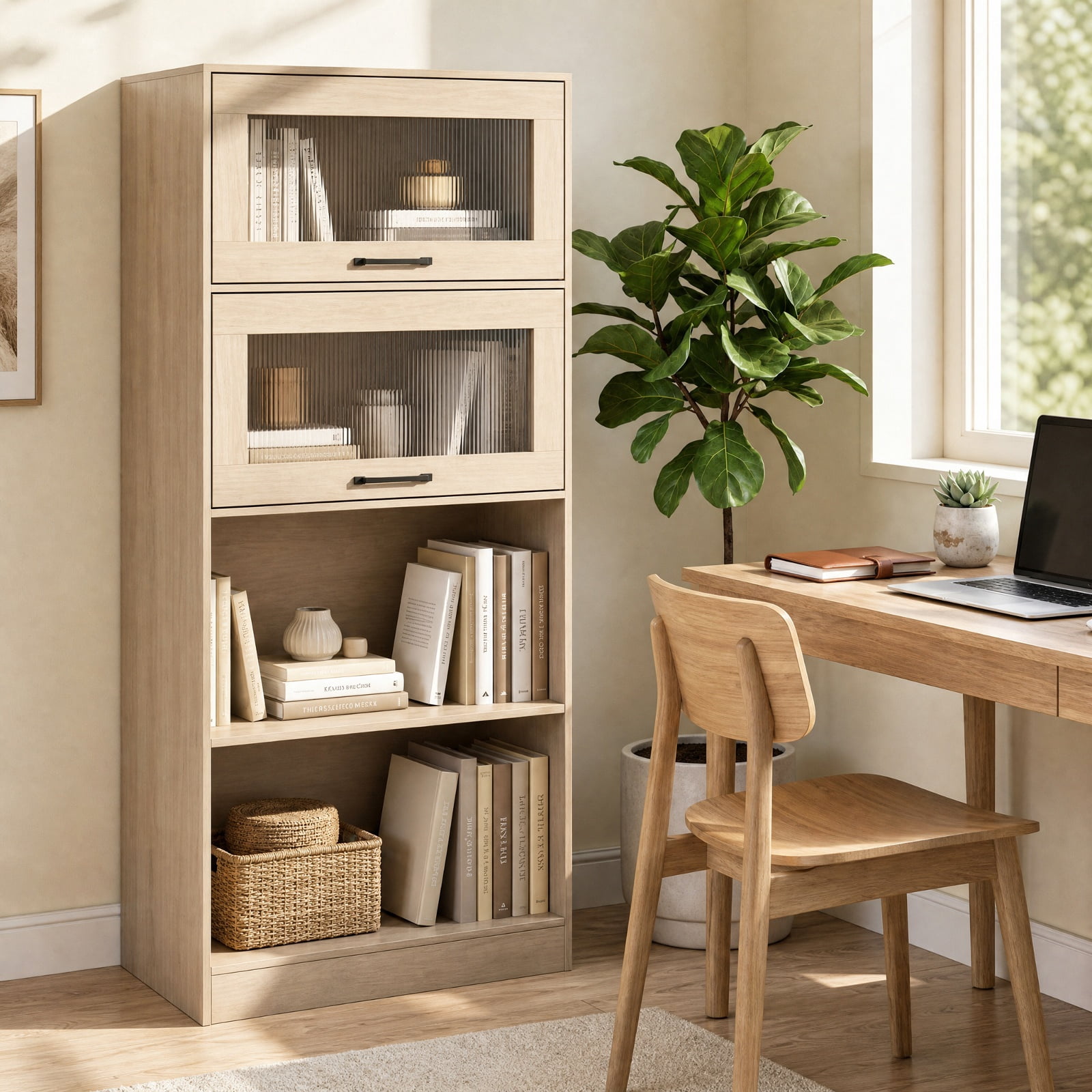 Furnibear 4-Tier Wood Bookcase with Flip-Up Cabinet Doors and Open Compartments Tall Storage for Home Office and Study, Natural