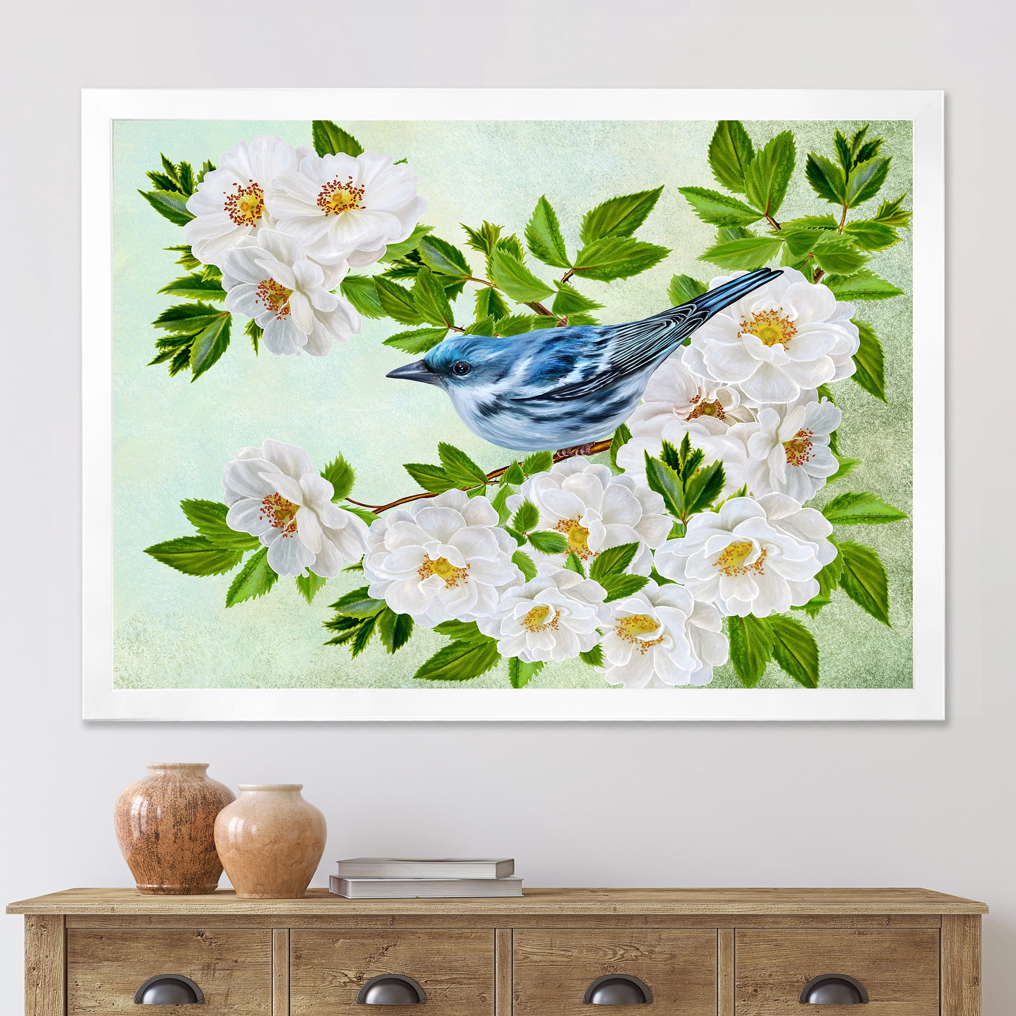 Designart 'Little Blue Bird Sitting On A Branch of White Rose Plant' Traditional Framed Art Print