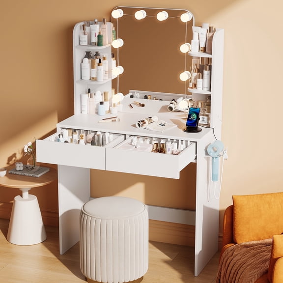 makeapile 1 Piece Adult Contemporary LED Lights Vanity and Mirror and 3 Color Lights and Charging Station Table Set White Solid Color