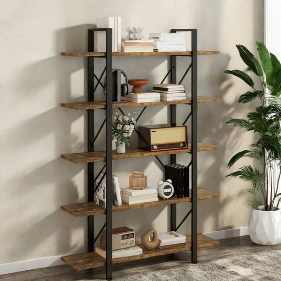 Uforic 5 Tier Bookshelf, Freestanding Industrial Bookcase, Storage Shelving Unit for Home Office, Brown