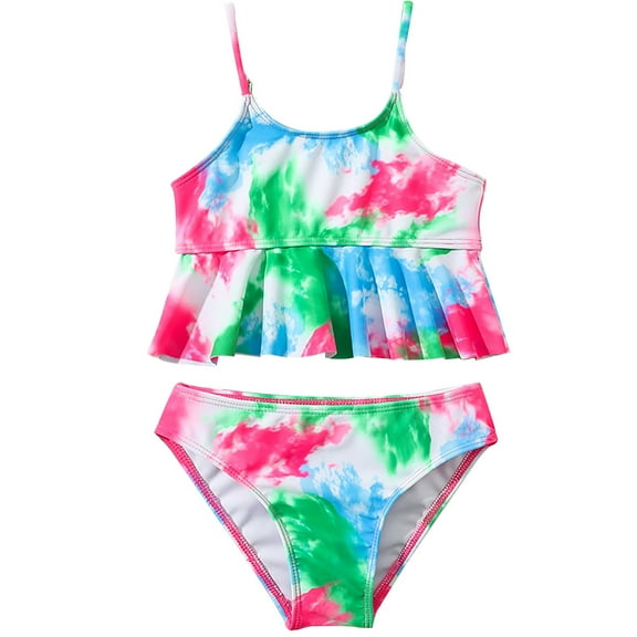 KAUOD Girls 2 Piece Swimsuits Tie Dye Tankini Bikini Set Ruffle Spaghetti Strap Sporty Beach Swimwear for Teens Bathing Suit