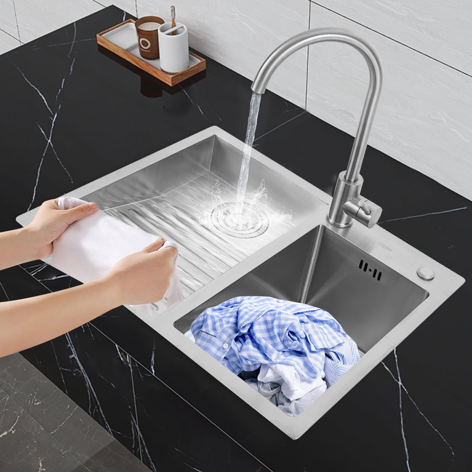 Wildnix Durable 304 Stainless Steel Utility Sink Laundry Tub with Double Basin Design, Tilted Wave Washing Board, Anti-Condensation Coating, Easy Drainage