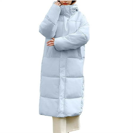 jtjvou Long Puffer Jacket for Women 2025 Thickened Winter Coat Hooded with Deep Pockets Ladies Warm Winter Jacket Blue XL
