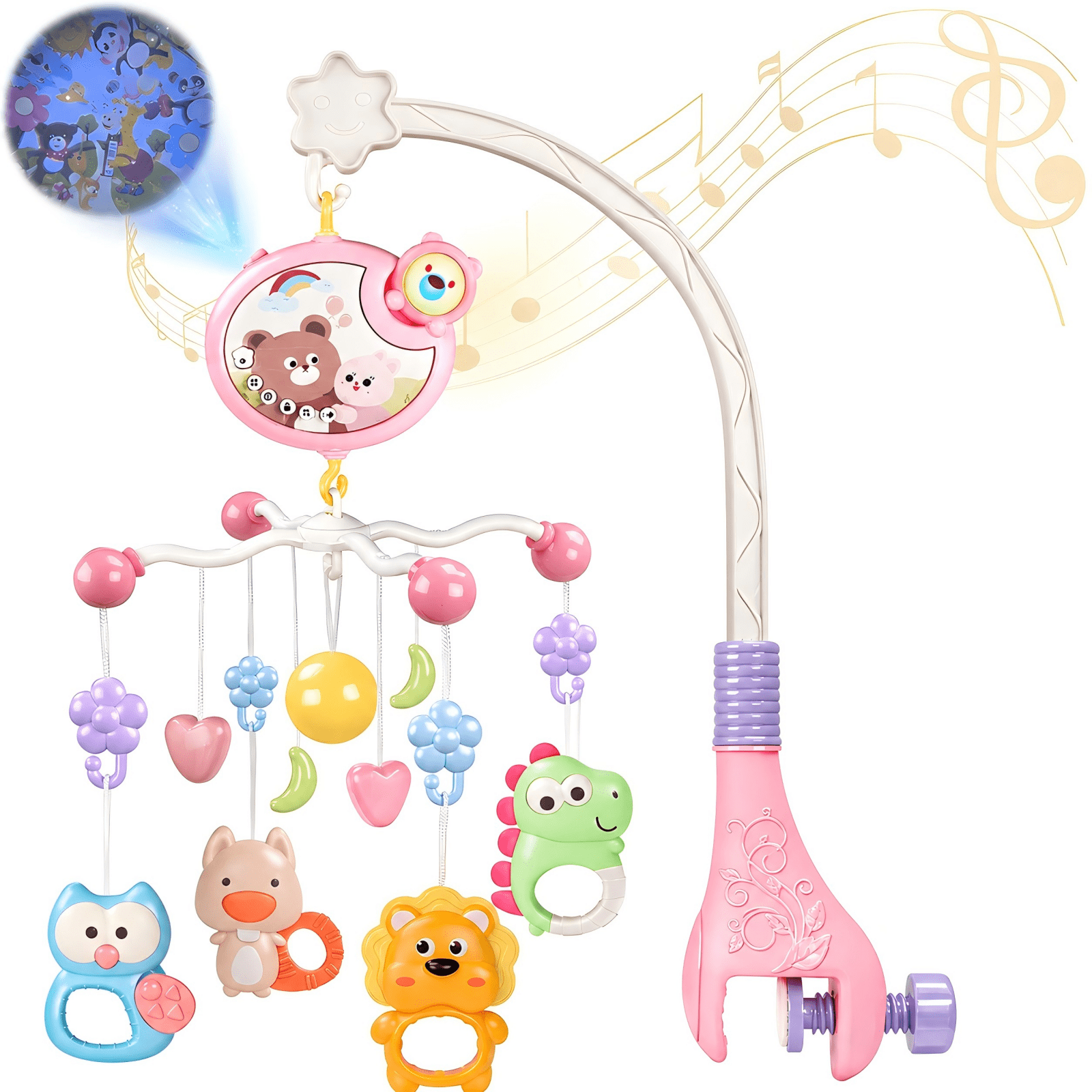YUANAO Baby Crib Mobile Toys with Music and Lights, Mobiles for Cribs, Baby Mobile Arm Toys Hanging for Girls, Boys, Bassinets Nursery Musical Portable Mobile Clip On(Pink)