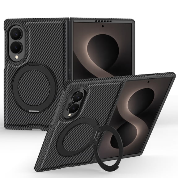 for Samsung Galaxy Z Fold 8 Carbon Fiber Texture Case, PU Leather Hard PC 360° Rotating Ring Stand Compatible with Magnetic Wireless Charging Drop Protective Slim Phone Case, Black