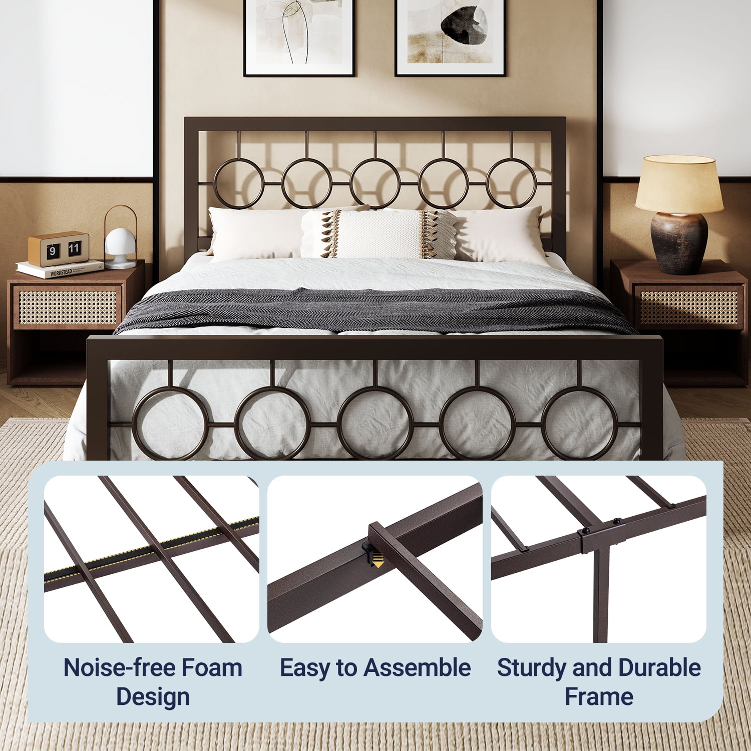 Sifurni Queen Size Metal Platform Bed Frame with Modern & Vintage Headboard and Footboard, Brown