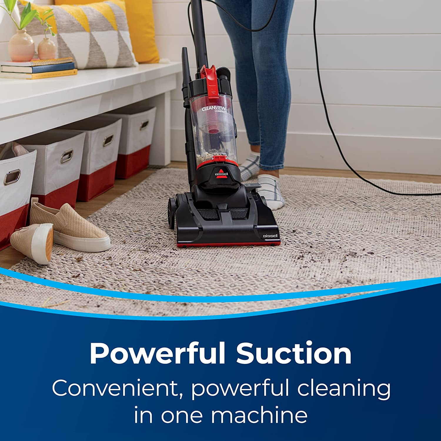 BISSELL CleanView Bagless Upright Vacuum, OnePass Technology, Active Extension Wand, Multi-Level Filtration, Black, Model 3533, Red/Black