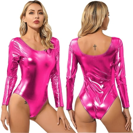 YONGHS Women s Long Sleeve Shiny Leather Scoop Neck Dance Leotard Bodysuit Hot Pink XXL