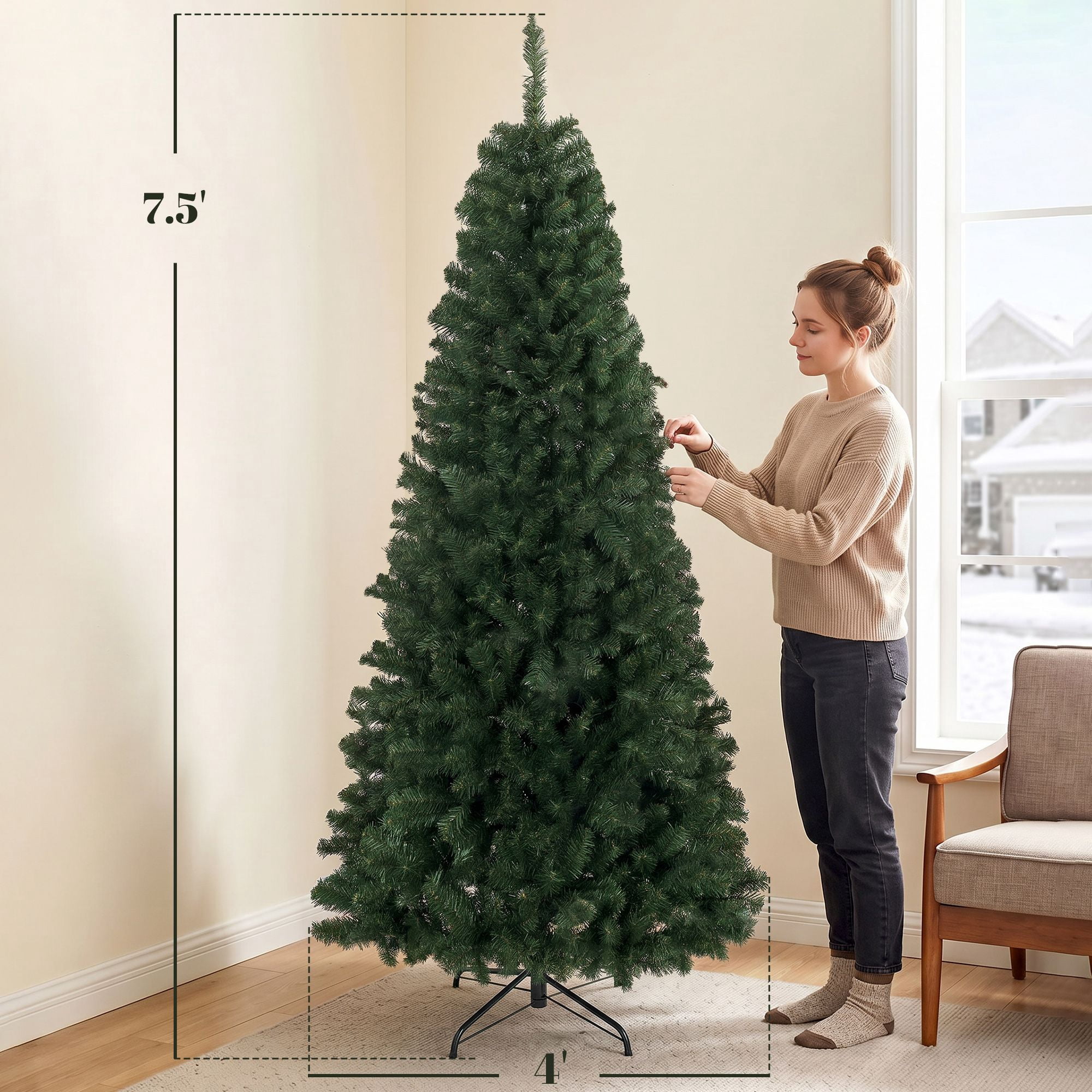 7.5 ft Artificial Christmas Tree, Norway Spruce with 1388 Branch Tips, Hinged Setup, Flame-Retardant, Metal Stand, 45 in Wide, for Living Room and Entryway