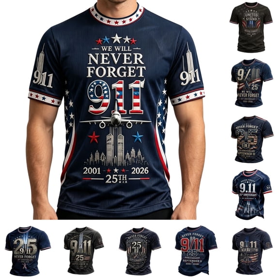 LNZGNM 9/11 25th Anniversary Memorial Men's T-shirts Short Sleeve Crew Neck Casual Shirt Weekend Layering Outing,Blue(L)
