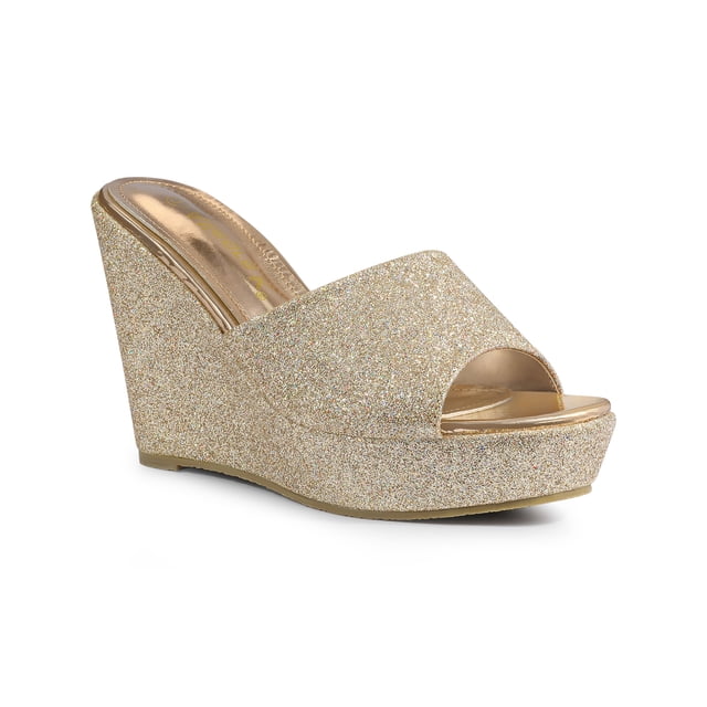 BLISSFUL STEP Sandales à Talons Compensés à Enfiler à Plateforme Pailletée pour Femmes Or 8.5