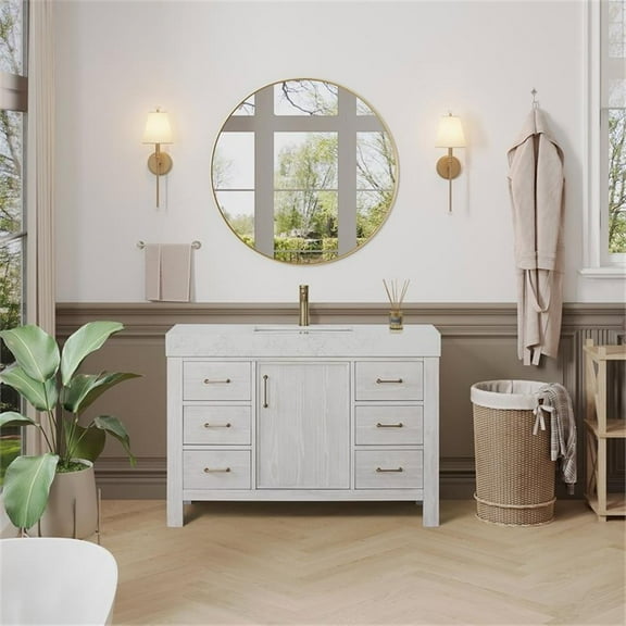 Leon 48" Single Bathroom Vanity in Washed White w/Lightning White top & Mirror