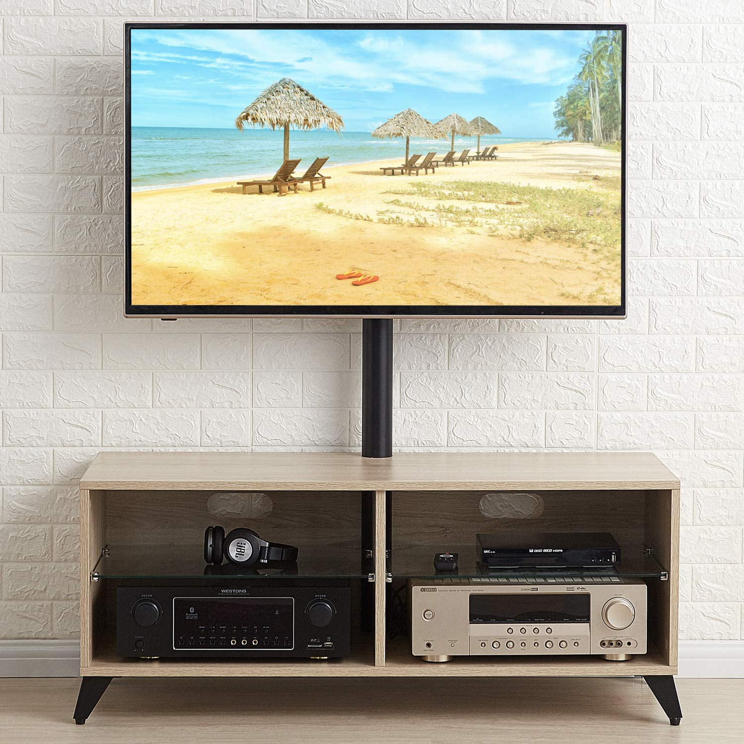 Rolling Wood Corner TV Stand with Wheels/Cabinet for up to 65 inch 