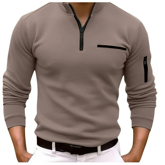 FhsagQ Men's Shirts Men's Shirts Tops Black Super Fit Male Shirt Quarter Zip Work Daily Wear Long Sleeve Fashion Comfortable Plain Pocket Regular Fit Top Brown XXL