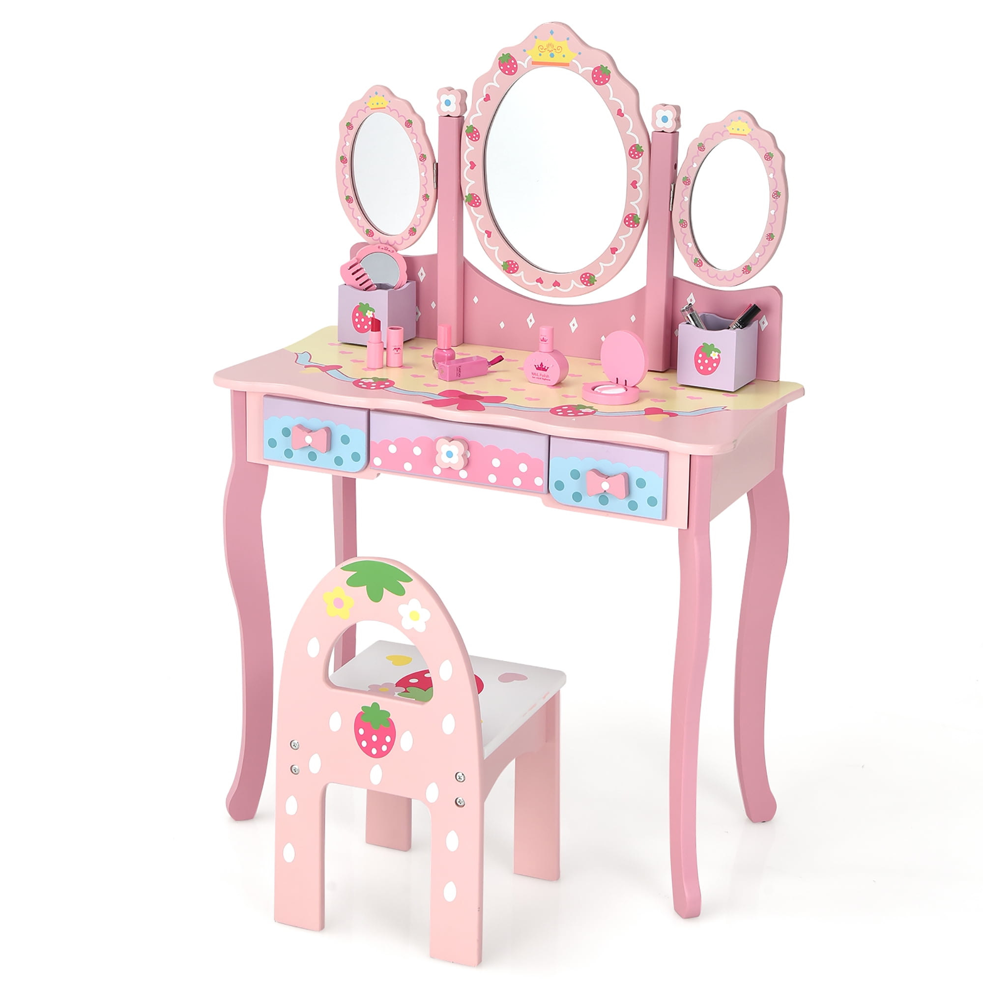 Costway Kids Vanity Princess Makeup Dressing Table Chair Set w/ Tri