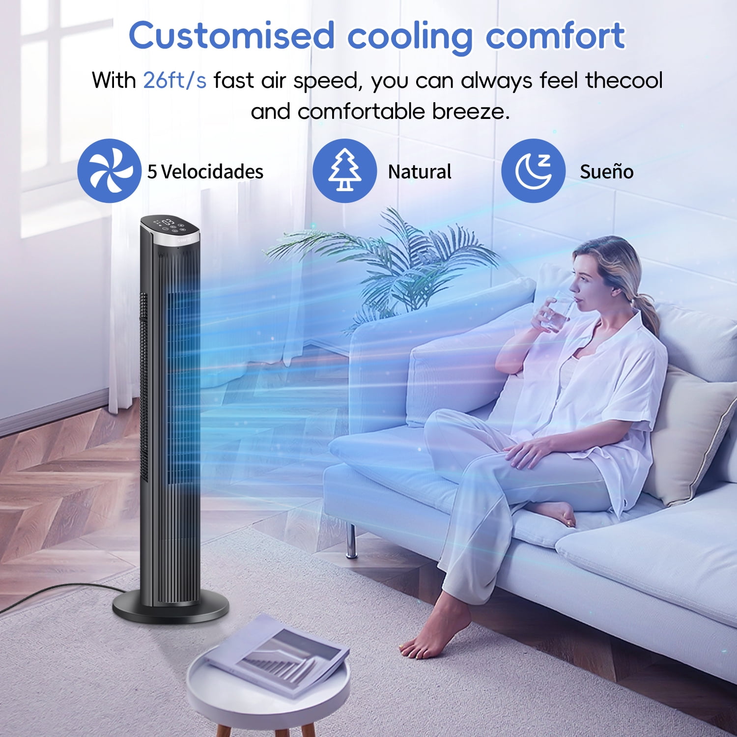 40Inch Tower Fans for Home, CIICII 90 Oscillating Floor Fan,LED Display with Remote,28ft/s High Velocity,5 Speeds, 12H Timer, 3 Modes- Black
