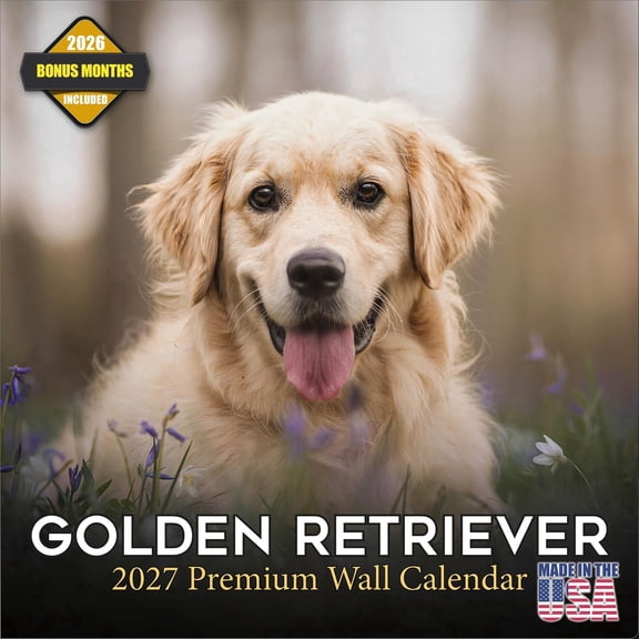 MegaCalendars 2026-2027 Golden Retriever Wall Calendar, 12x12 Bonus Month Monthly Planner, Made in USA