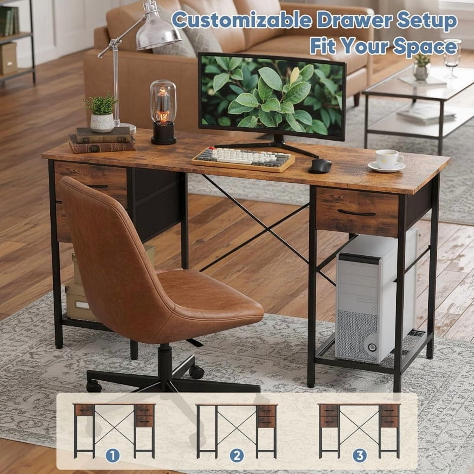 Kelno 55 Inch Computer Desk with 4 Fabric Drawer Storage Shelf Gaming Writing Table, Rustic Brown