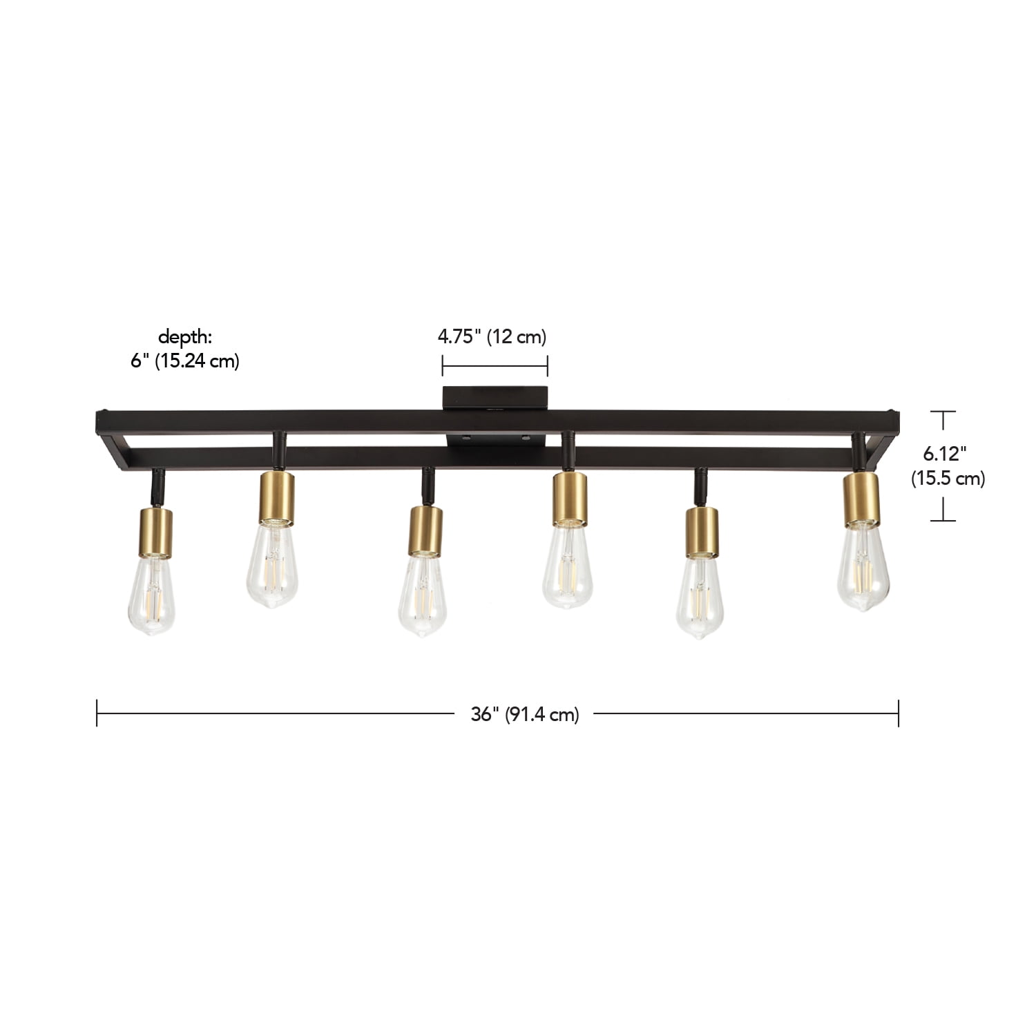 Globe Electric 36" 6-Light Matte Black Track Lighting, Matte Brass Pivoting Track Heads, 91007991