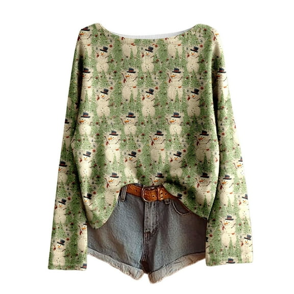 Fiaer Christmas Women Shirts Long Sleeve Xmas Tshirts Crew Neck Cute Graphic Loose Fit T Shirts Oversized Fashion Casual Holiday Tops Light Green XL